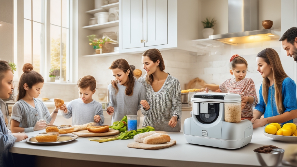 Modern konyhai jelenet család kenyérsütőgép programok kiválasztásával szülők és gyerekek a kijelző panel előtt