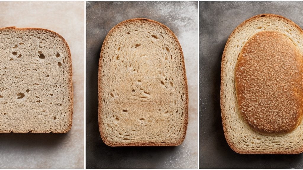 Különböző kenyértípusok keresztmetszetének összehasonlítása fehér kenyér teljes kiőrlésű és francia kenyér szeletekkel