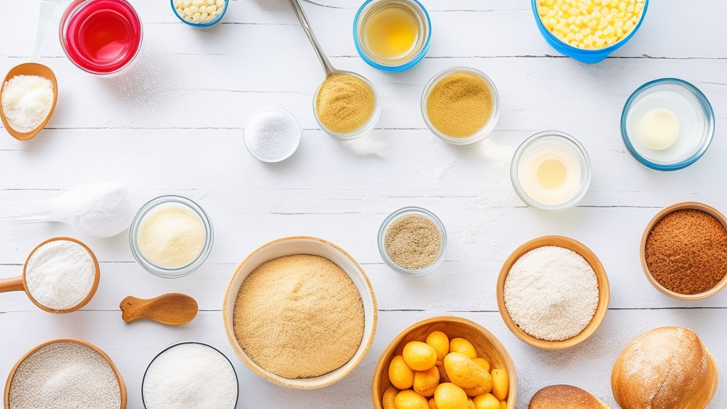 Kenyérsütési alapanyagok professzionálisan elrendezve márvány pulton különféle lisztek üvegekben élesztő víz só cukor olaj